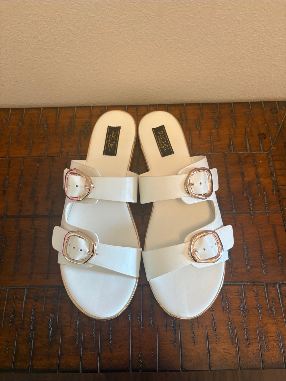 RACHEL Rachel Roy White Double-Buckle Slide Sandals with Gold Buckles - Picture 2 of 7